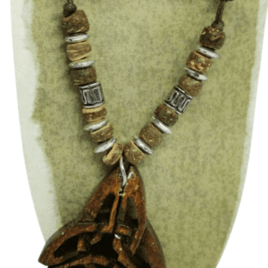 Earth and Surf Vegan Adjustable Brown Corded Necklace with Wooden Beads and Wooden Celtic Pattern Pendant