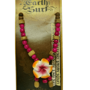 Earth and Surf Vegan Pink and Brown Beaded Necklace with Centre Pink and Orange Flower Bead