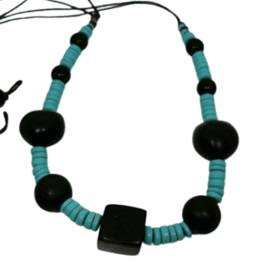 Earth and Surf Necklace Brown Cord with Light Blue and Black Wooden Round and Square Beads
