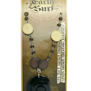 Earth and Surf Vegan Tan Cream and Black Wooden Beaded Necklace with Wooden Swirl Pendant