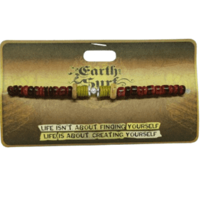 Earth and Surf Red and Cream Wooden Elasticated Bracelet with Green Cord and Centre Silver Coloured Beads