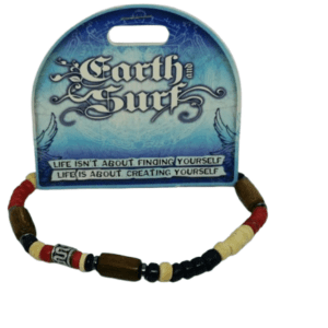 Earth and Surf Vegan Red Black Cream and Silver Coloured Wooden Beaded Elasticated Bracelet