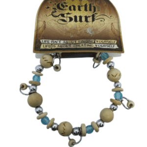Earth and Surf Vegan Cream and Baby Blue Wooden and Plastic Beaded Elasticated Bracelet