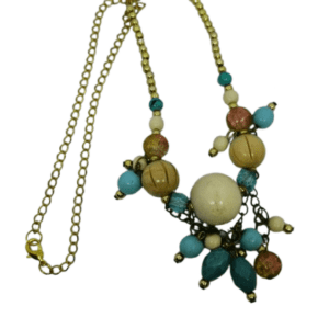 Earth and Surf Vegan Gold Coloured Necklace with Baby Blue Cream Wooden Beads and Pink Crackle Beads on Antique Bronze Chains