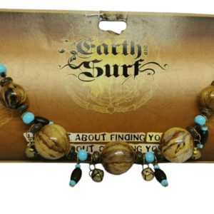 Earth and Surf Vegan Brown Corded Necklace with Large Chunky Wooden effect Beads and Blue Beads and Antique Coloured Bronze Bells