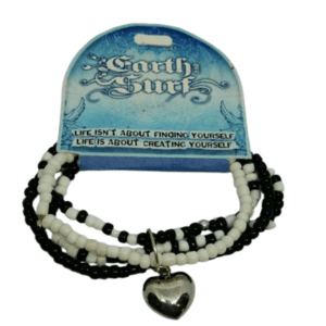 Earth and Surf Vegan Black and White Elasticated Layered Bracelet with Metal Heart Pendant