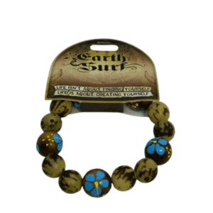 Earth and Surf Vegan Brown Wooden Beads with Blue Flower and Cream Marble Pattern Elasticated Bracelet
