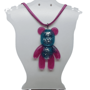 Turquoise and Pink Large Teddy Bear with a Silver Coloured Glitter on a Soft Pink Leather / Suede Necklace