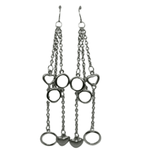 Extra Long Light Weight Silver Stainless Steel Metal Hanging Earrings with Hearts and Rings