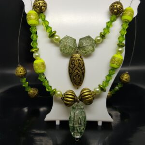 Necklace Earrings and Bracelet Set in Gold Coloured and Green Coloured Beads