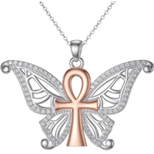 Silver Coloured Necklace with Metal Butterfly and Rose Gold Coloured Ankh Cross