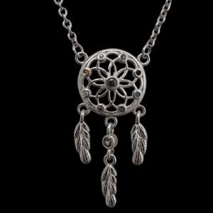 Silver Coloured Necklace with Dream Catcher Pendant and Chakra Coloured Zircon Crystals