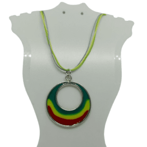 Lime Green Yellow and Baby Blue String Extendable Necklace with Red Yellow and Green Filled Pendant