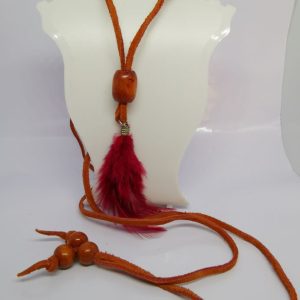 Long Tanned Suede Necklace with Red Feather and Tan Coloured Wooden Beads
