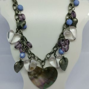 Antique Silver Colour Adjustable Necklace with Lilac and Purple Love Hearts