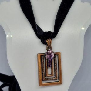Long Velvety Necklace with Antique Bronze Colour and Pink Flower Pendant