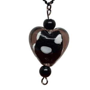 Black Coloured Metal Necklace with Black White and Clear Lamp Work Heart