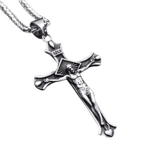 Stainless Steel Large Crucifix Pendant and Rope Chain Necklace