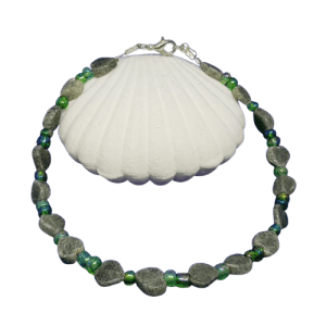 Green Agate Heart Shaped Gemstones and Green Plastic Beaded Anklet