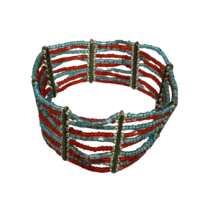 Elasticated Bracelet in Red Blue and Silver Coloured Beads