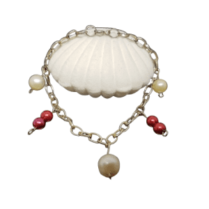 Silver Coloured Chain Bracelet and Fastenings with Pearl and Red Beads
