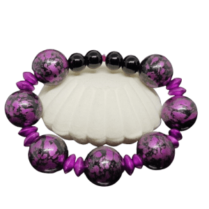 Bracelet with Large and Small Purple and Black Beads on a Slightly Stretchy Elastic