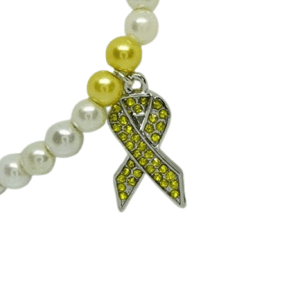 Yellow Cancer Support Ribbon Bracelet with Yellow and White Beads and Rhinestones