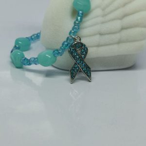 Turquoise Blue Cancer Support Ribbon with Rhinestones Elasticated Bracele