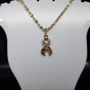 Pink Rhinestone Breast Cancer Support Ribbon Pendant on a Sterling Silver Water Wave Necklace