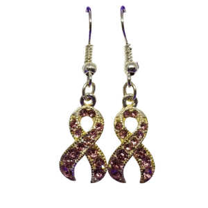Silver Coloured Breast Cancer Earrings Filled with Pink Sparkly Rhinestones