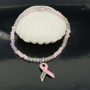 Pink Breast Cancer Support Ribbon Metal Hope Pendant Bracelet and Beads