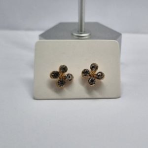 Gold Coloured Clover Flower Stud Earrings with Clear Rhinestones