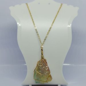 Natural Stone Wire Wrapped in Gold Coloured Wire on a Gold Coloured Necklace