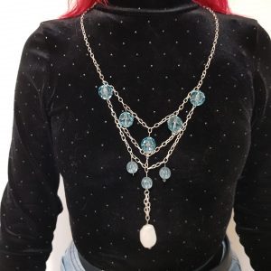 Over Sized Layered Necklace with Silver Coloured Chain Baby Blue Beads and White Centre Bead