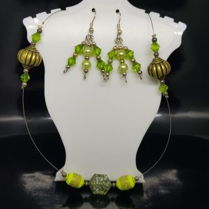 Green and Gold Coloured Beaded Necklace Earrings and Bracelet Set