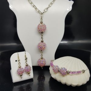Pink Sparkly Shamballa Beaded Necklace Earrings and Bracelet Set