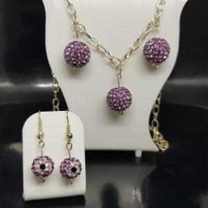 Silver Coloured Necklace and Earring Set with Pink Sparkly Shamballa Beads