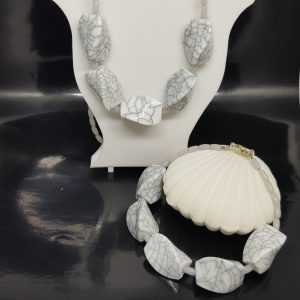 Pale Grey Beaded Necklace and Bracelet Set with Marble Effect Large Beads
