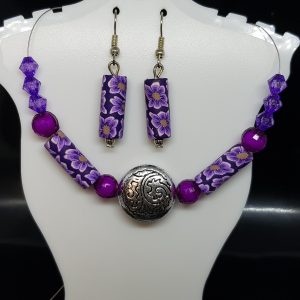 Purple and Silver Coloured Necklace Earrings and Bracelet Set