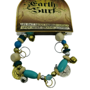 Earth and Surf Elasticated Bracelet with Silver Bells Gold and Silver Coins Turquoise and Cream Wooden Beads