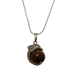 Sterling Silver Necklace with Brown Glitter Fidget Spinner Stone Dolphin Pendant