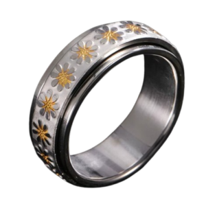 Stainless Steel Daisy Flower Print Fidget Spinning Band Ring
