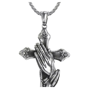 Silver Coloured Round Chain Link Necklace with Praying Hands Pendant