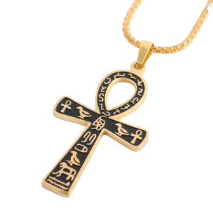Gold Stainless Steel Necklace with Gold and Black Egyptian Ankh Cross
