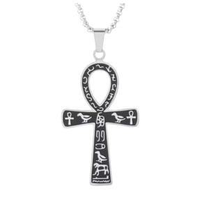 Silver Stainless Steel Necklace with Silver and Black Egyptian Ankh Cross