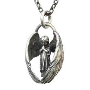 Silver Coloured Stainless Steel Angel in Wings Pendant and 24 inch Necklace