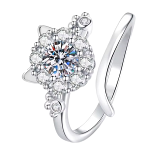 Silver Coloured Fidget Spinning Ring with Cat Ears and Zircon Crystals